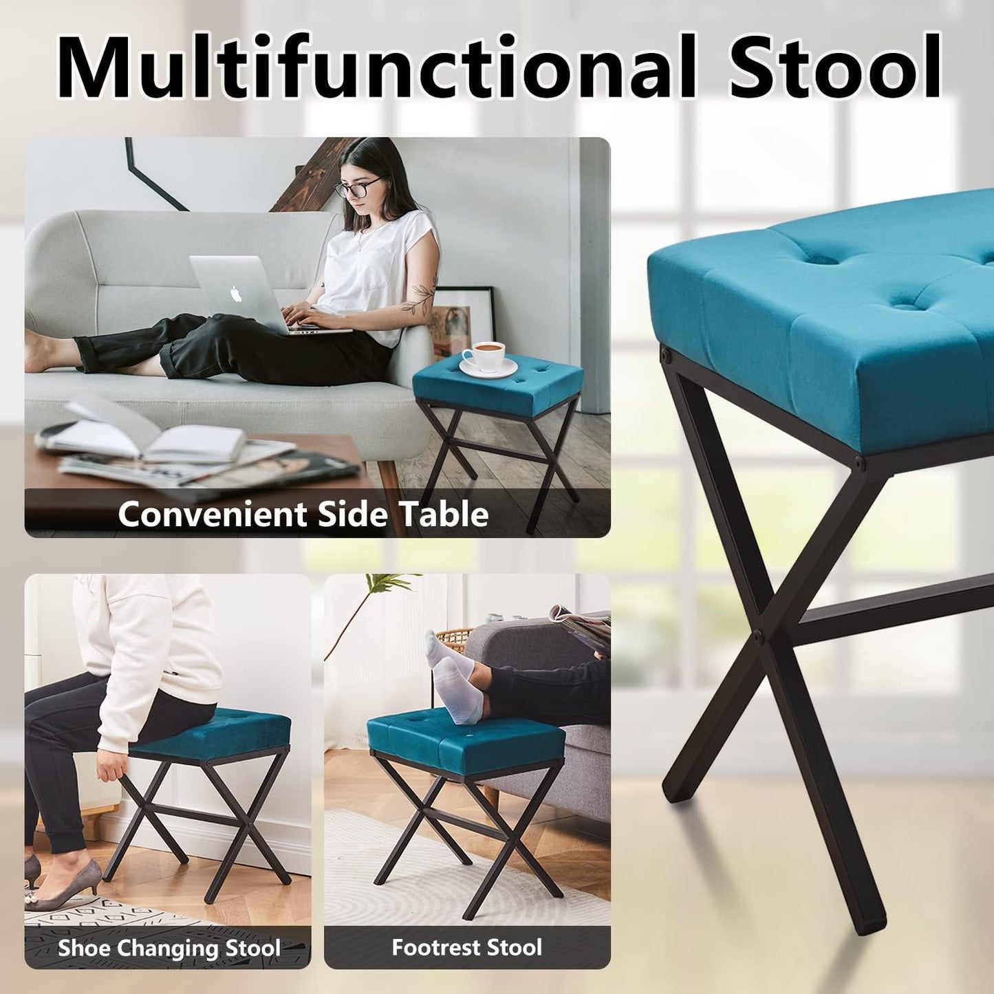 Cpintltr Ottoman Foot Stool Tufted Vanity Stool Ottomans Thickened Cushion Footstool Mulifunctional Shoe Changing Seat Step Stools with Metal X Leg for Living Room Bedroom Faux Leather Black