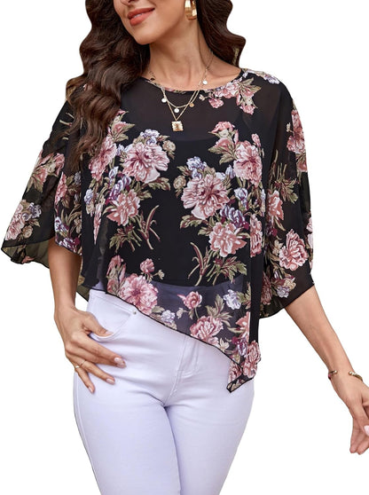 GORGLITTER Women's Sheer Floral Print Flowy Half Sleeve Asymmetrical Hem Boho Blouse Top