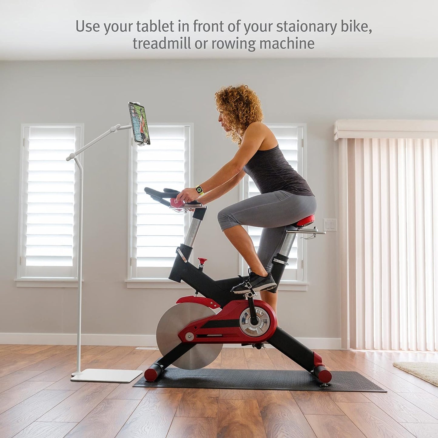 Twelve South HoverBar Tower | Multi-Angle Universal Tablet & iPad Floor Stand Holder For Apple Fitness+, Peloton/Stationary Bikes, Exercise and More (White)