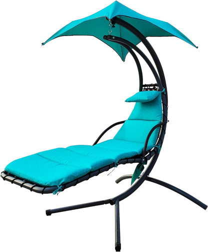 BalanceFrom Hanging Curved Chaise Lounge Chair Swing with Cushion, Pillow, Canopy, Stand and Storage Pouch, 330-Pound Capacity