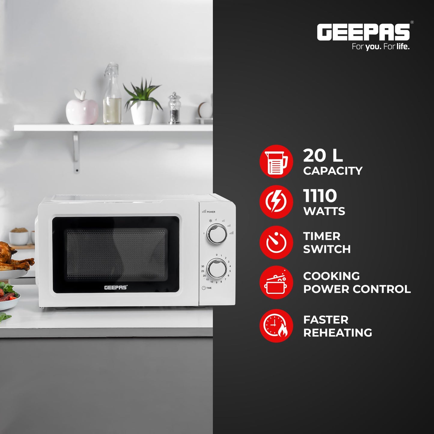 Geepas GMO1899 20L Microwave Oven - 1100W Solo Microwave Oven with 5 Power Levels -Oven for Standard Size of Dinner Plate| 2 Year Warranty