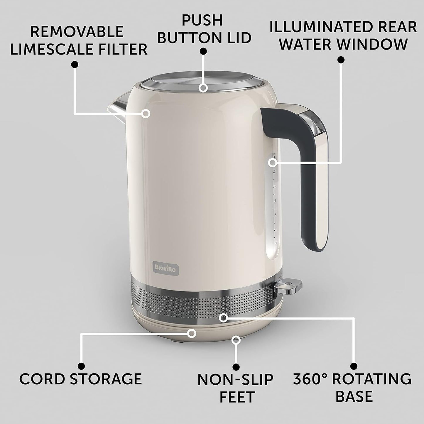 Breville High Gloss Electric Kettle | 1.7 Litre | 3kW Fast Boil | Cream, Plastic [VKT153]