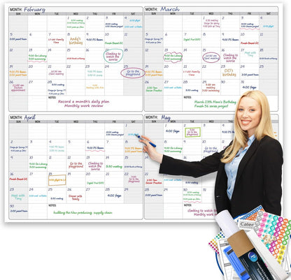 Dry Erase Monthly Laminated Jumbo Whiteboard Calendar, 25" by 38", Erasable Family Schedule Planner