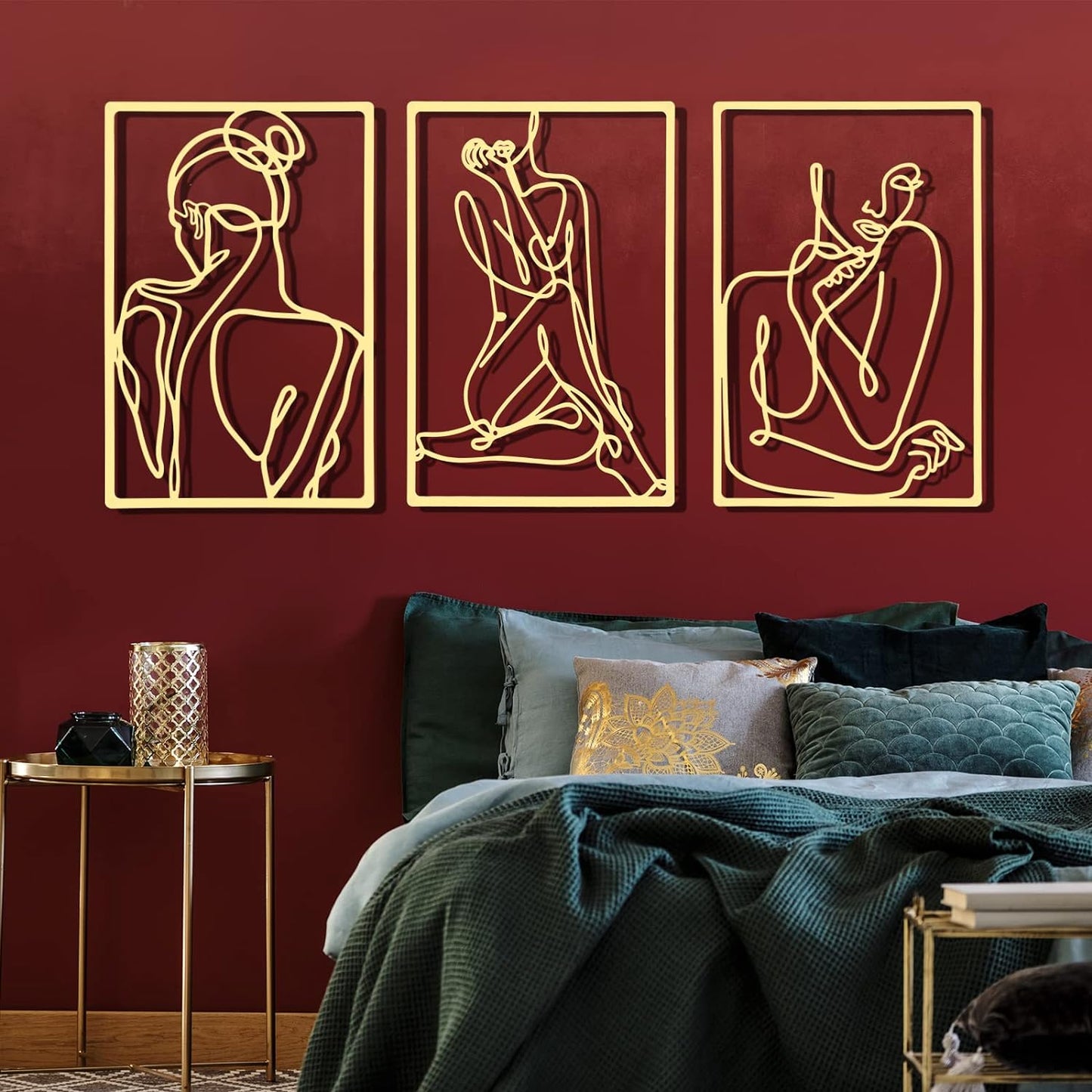 CHENGU 3 Pieces Metal Minimalist Abstract Woman Wall Art Line Drawing Wall Art Decor Single Line Female Home Hanging Wall Art Decor for Kitchen Bathroom Living Room (Black, Hand)