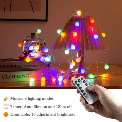 Globe String Lights, Battery Powered 10M 80 LED Fairy Lights, 8 Modes Waterproof Christmas Lights Outdoor Indoor with Remote for Party Living Room Bedroom Patio Gazebo Camping Garden (Multicolor)