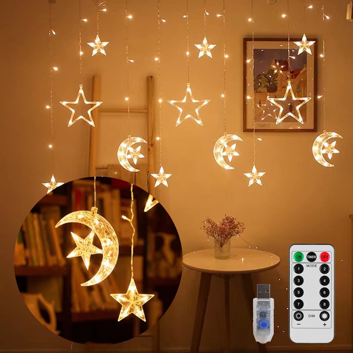 Beauenty Window Curtain String Light 300 LED 8 Modes USB Powered Waterproof Fairy String Lights Wedding Party Ramadan Home Garden Bedroom Outdoor Indoor Wall Christmas Decorations (Warm White)