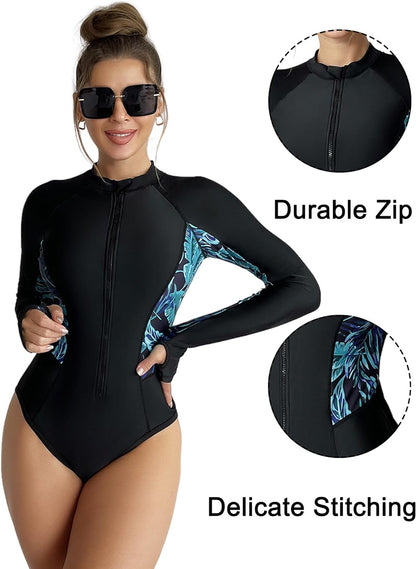 Maeau Women's Long Sleeve Rash Guard UV Protection Zipper Printed Surfing One Piece Swimsuit Bathing Suit