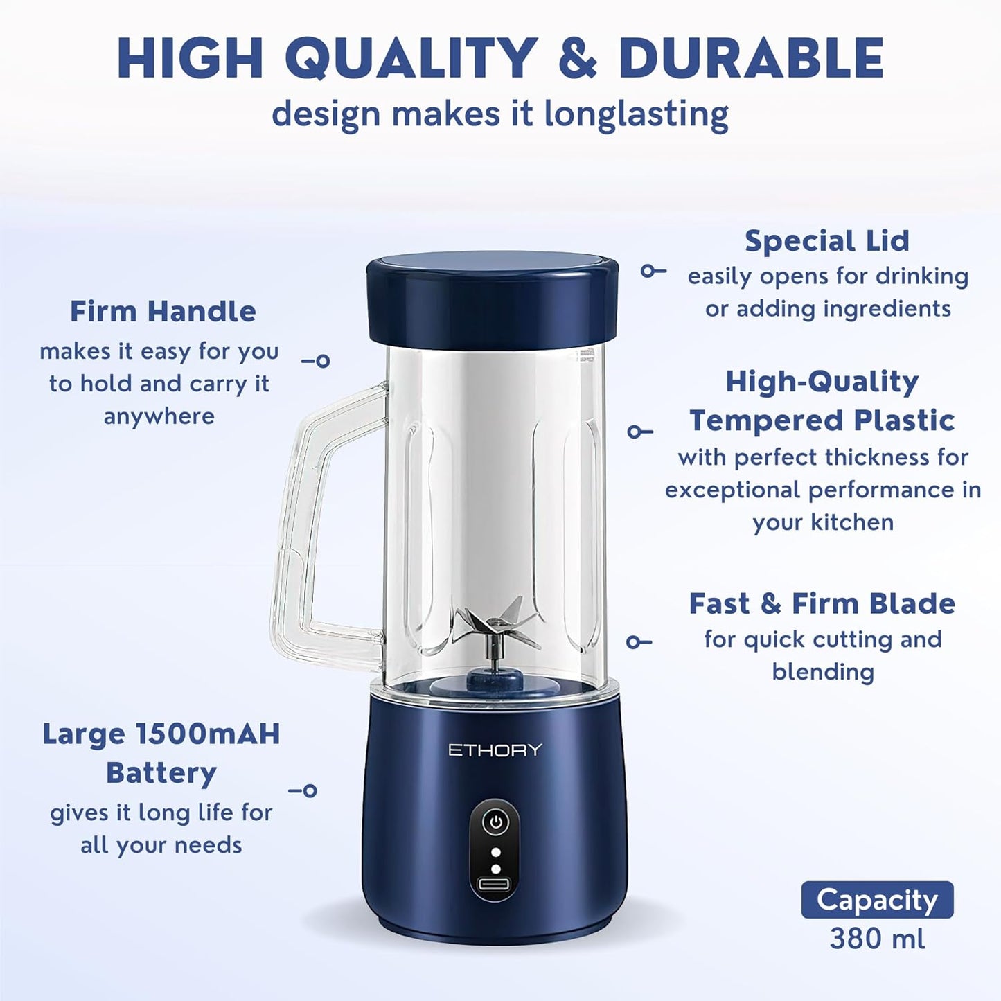 ETHORY Portable Mini Blender, Wireless Juicer Cup Smoothie Maker with 6 Blades, USB Rechargeable Fruit Juice Mixer 90W 380ML, with 1500mAh Rechargeable Battery (Blue)