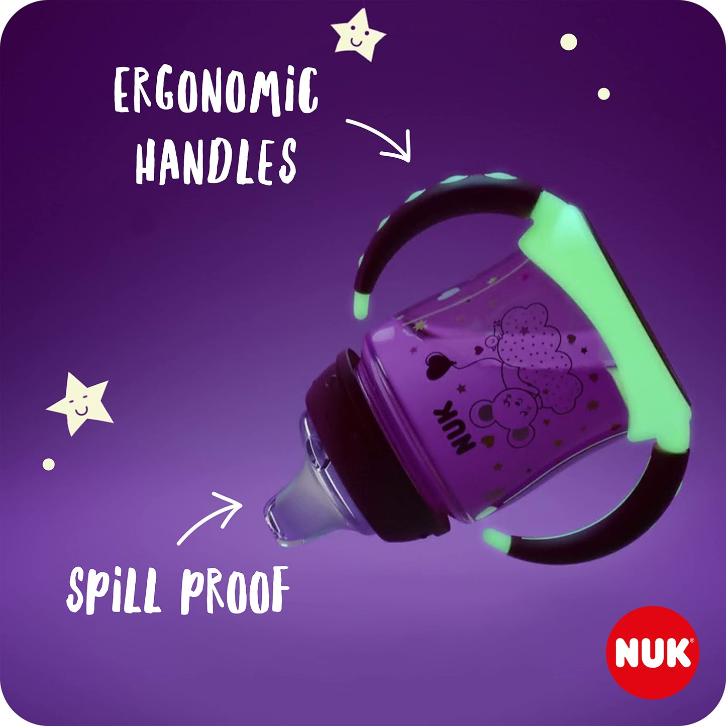 NUK First Choice Sippy Cup Night | 6-18 Months | 150 ml | Glow in The Dark | Handles & Orthodontic latex teats | Leak-Proof | Anti-Colic | BPA-Free | Green