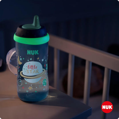 NUK Kiddy Cup Night Toddler Cup | 12+ Months | 300 ml | Leak-Proof Toughened Spout | Glow in The Dark | Clip & Protective Cap | BPA-Free | Purple