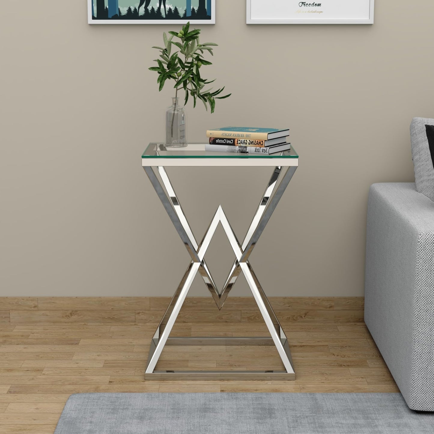 RIGID Console Table | Corner End Table with Stainless Steel Frame and Glass Top for Living Room, Office