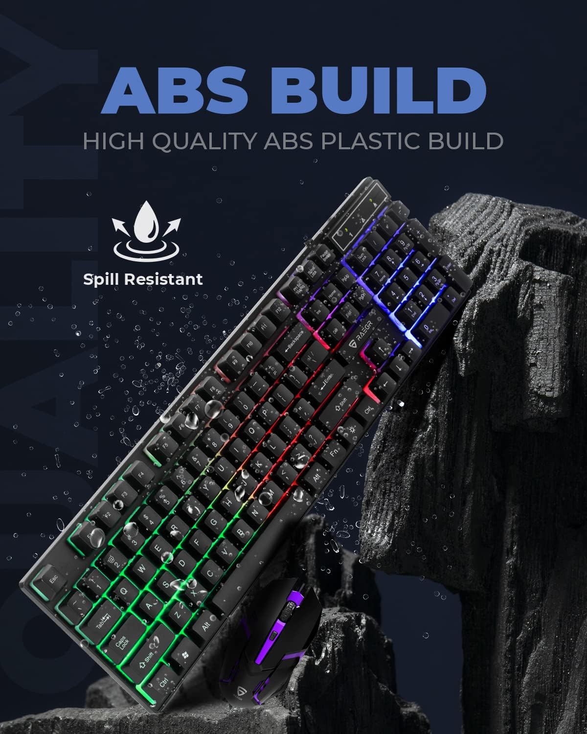 RAEGR RapidGear X30 Wired Rainbow Backlight Keyboard and 1200 dpi Mouse Set, LED Backlit, Floating Keycaps with Breathing Lights Effect, Plug and Play | Compatible with PC/Laptop/Mac - Black RG10471