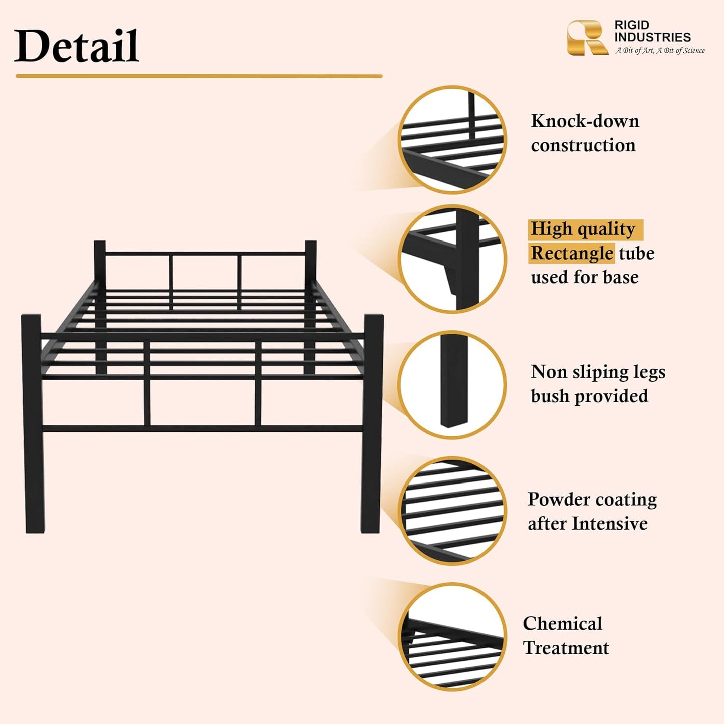 RIGID Steel Bed With Heavy Duty Metal Platform (Single Bed, Black)