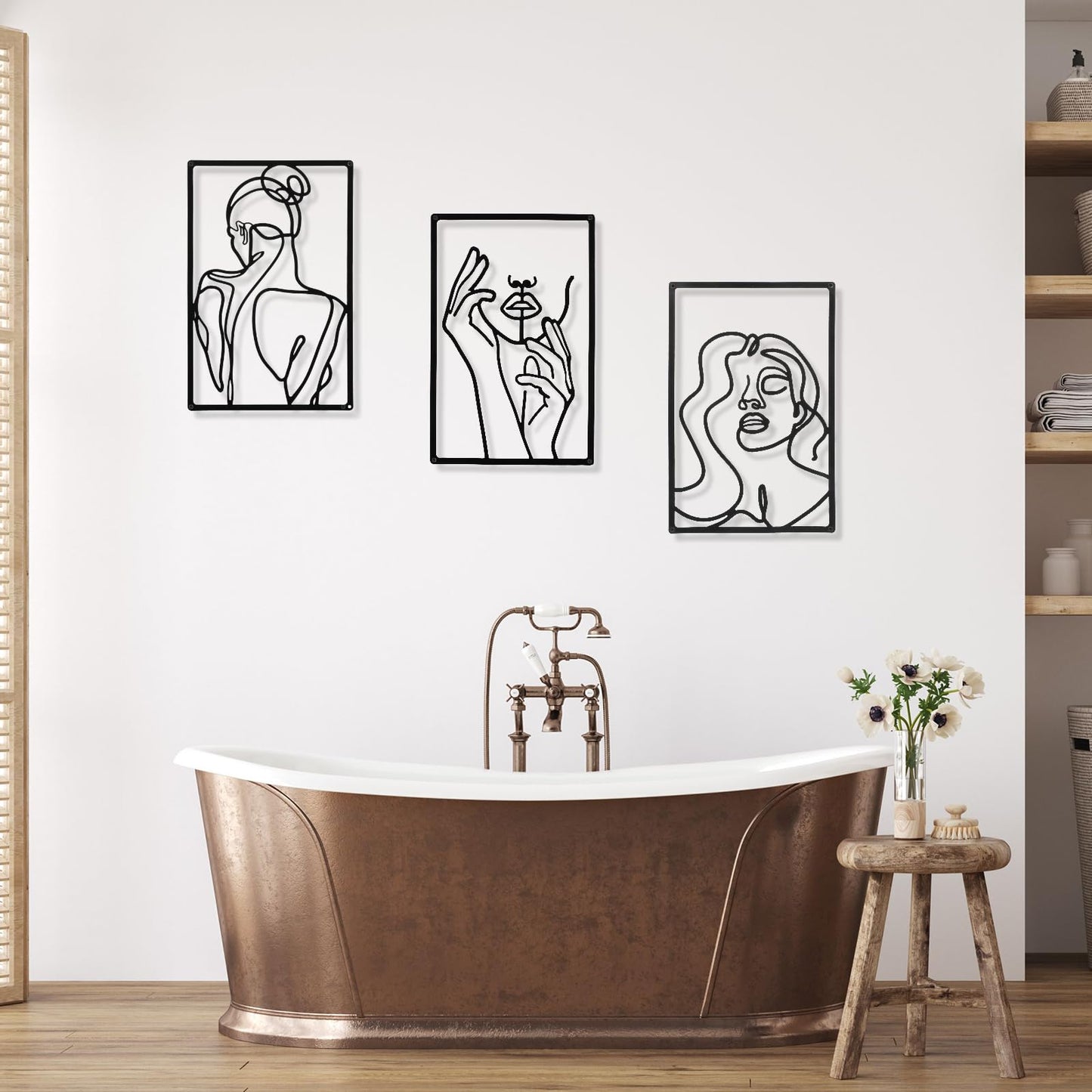 CHENGU 3 Pieces Metal Minimalist Abstract Woman Wall Art Line Drawing Wall Art Decor Single Line Female Home Hanging Wall Art Decor for Kitchen Bathroom Living Room (Black, Hand)