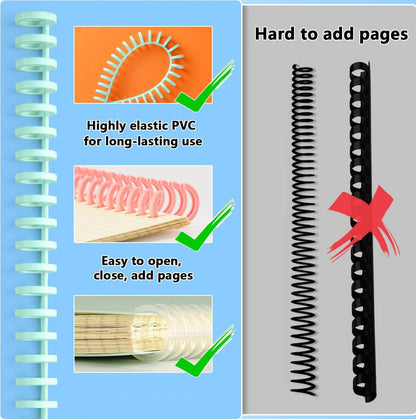 12 Pack Binding Spines Plastic Notebook Binder Spiral Coils，Loose Leaf Binder Ring，DIY Spiral Binding Rings for Teacher Student Document,School Office Supplies，Opener and Hole punch