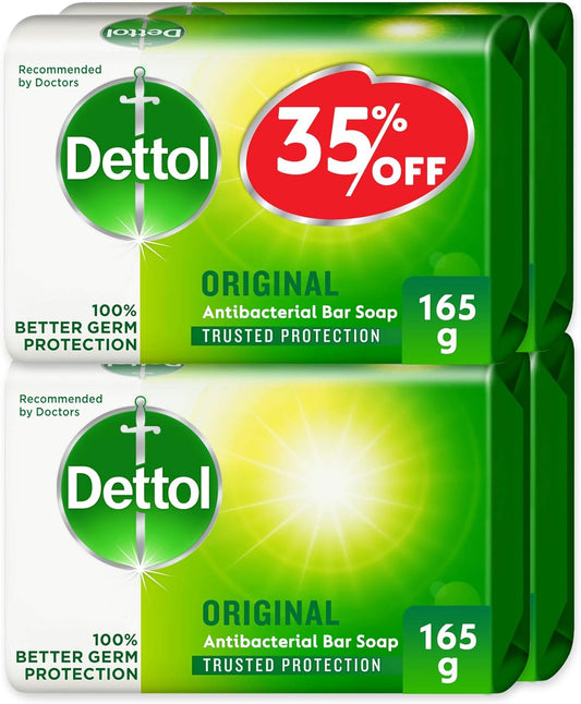 Dettol Original Anti-Bacterial Bathing Soap Bar for effective Germ Protection & Personal Hygiene, Protects against 100 illness causing germs, Pine Fragrance, 165g, Pack of 4