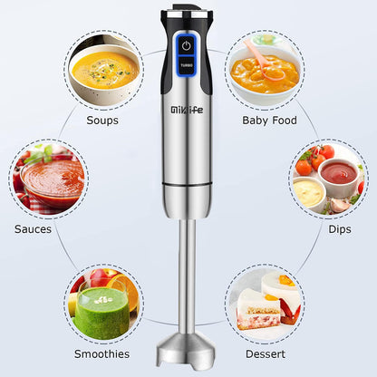 Miklife Hand Blender, Multifunctional 600W 4-in-1 Stick Mixer, 12-Speed, Stainless Steel, Titanium Plated Blade, includes 600ml Mixing Beaker, 860ml Chopper, Whisk Attachment