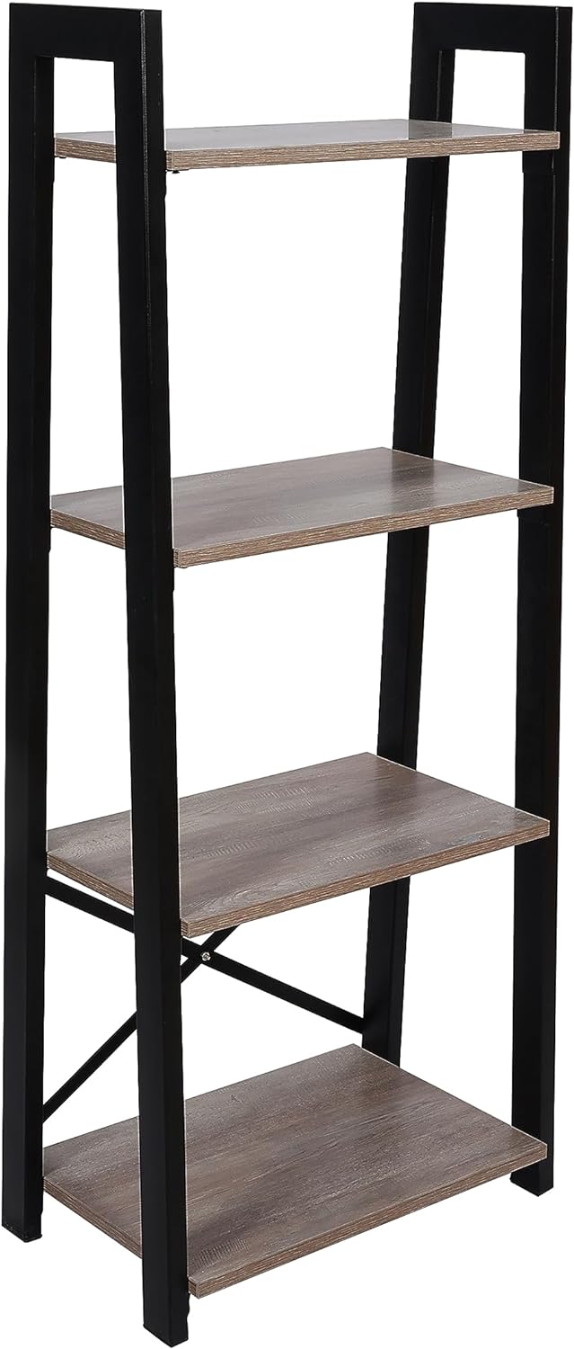 RIGID Industrial Ladder Shelf, 4 Tier Bookshelf, Storage Rack Shelves, Organizer Shelf Unit, Bathroom, Living Room Bookcases, Office, Steel Frame, Rustic Brown + Black