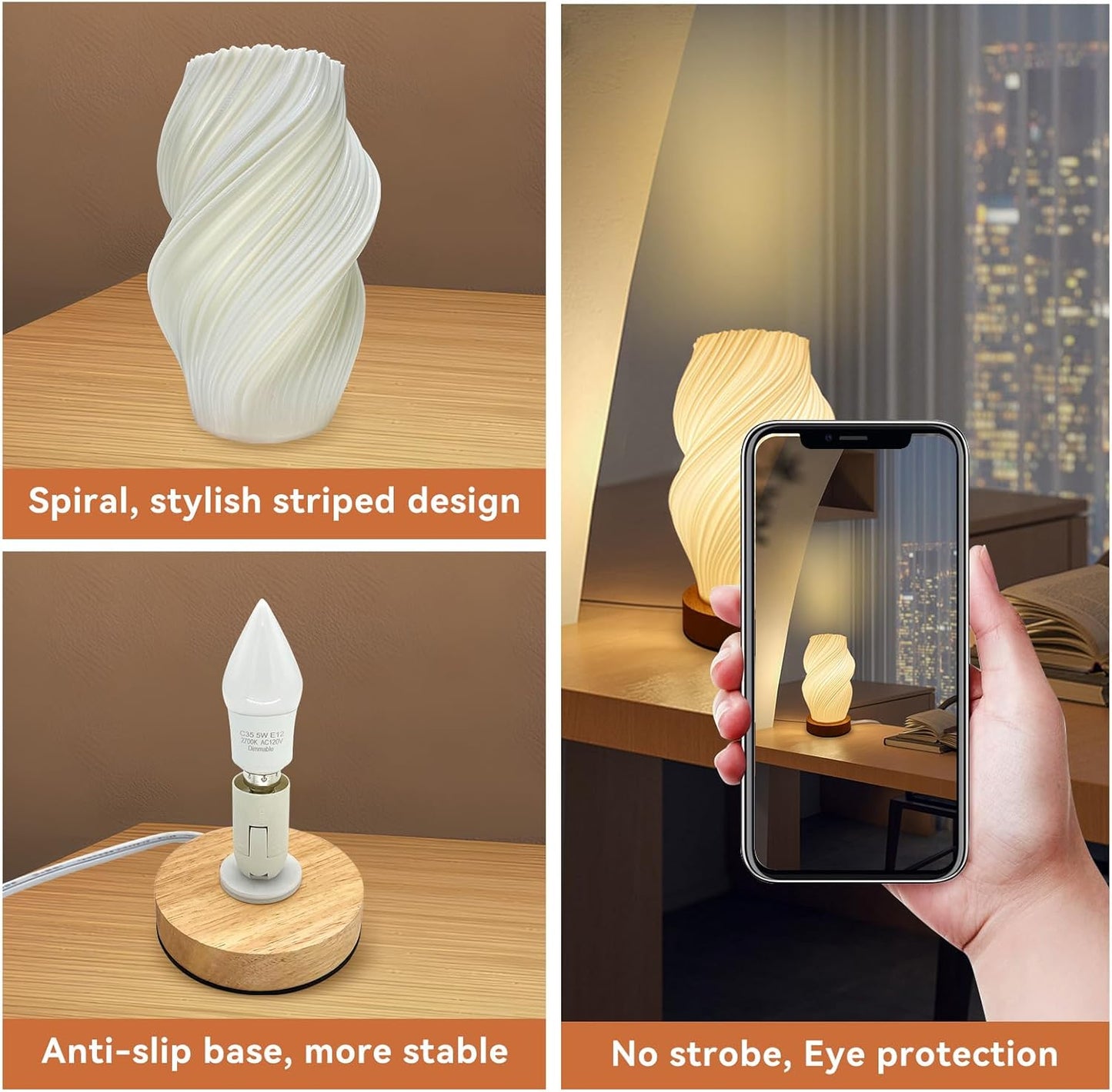 Zenply Dimmable Small Table Lamp for Living Room, 3D-Printing Novelty Spiral Striped Shade Small Mini Night Light Lamp, Bedside Lamp for Bedroom Nightstand Small Space Kids Room Office Dorm