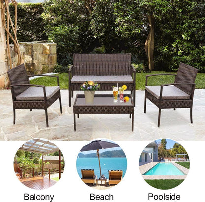 SKY-TOUCH Outdoor Furniture Set of 4 : 4 Seater Plastic Rattan Metal Frame Patio Sofa with Soft Cushion Black Tempered Glass Coffee Table for Garden Backyard Patio Balcony Brown