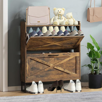 Shoe Cabinet with 2 Flip Drawers, Freestanding Shoe Cabinet Organizer with Metal Legs, Shoes Storage Cabinet for Entryway, Narrow Shoe Rack Cabinet, Rustic Brown