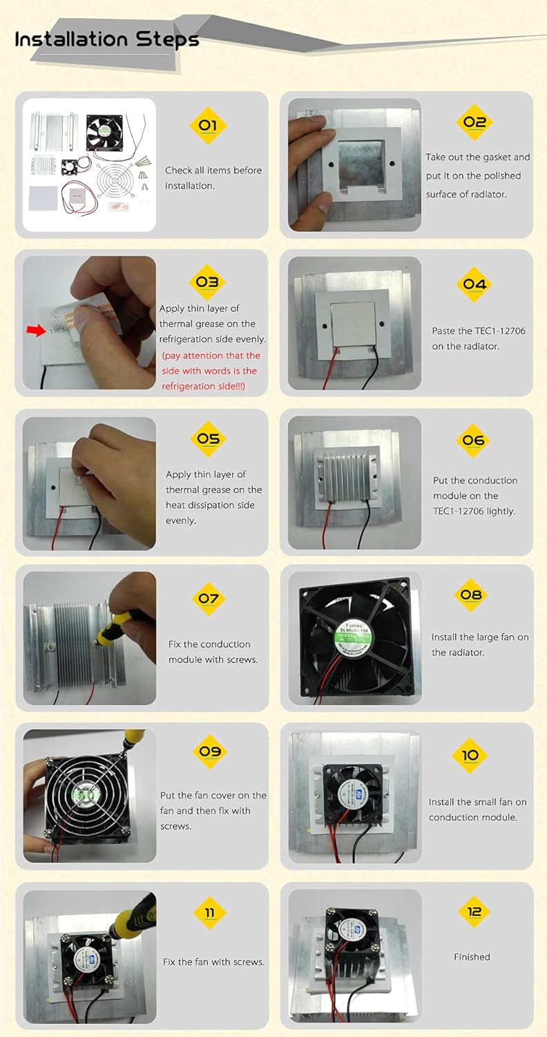 Alisashop DIY Thermoelectric Peltier Refrigeion Cooling System Kit Semiconductor Cooler Conduction Module Radiator Cooling Fan TEC1-12706