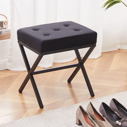 Cpintltr Ottoman Foot Stool Tufted Vanity Stool Ottomans Thickened Cushion Footstool Mulifunctional Shoe Changing Seat Step Stools with Metal X Leg for Living Room Bedroom Faux Leather Black