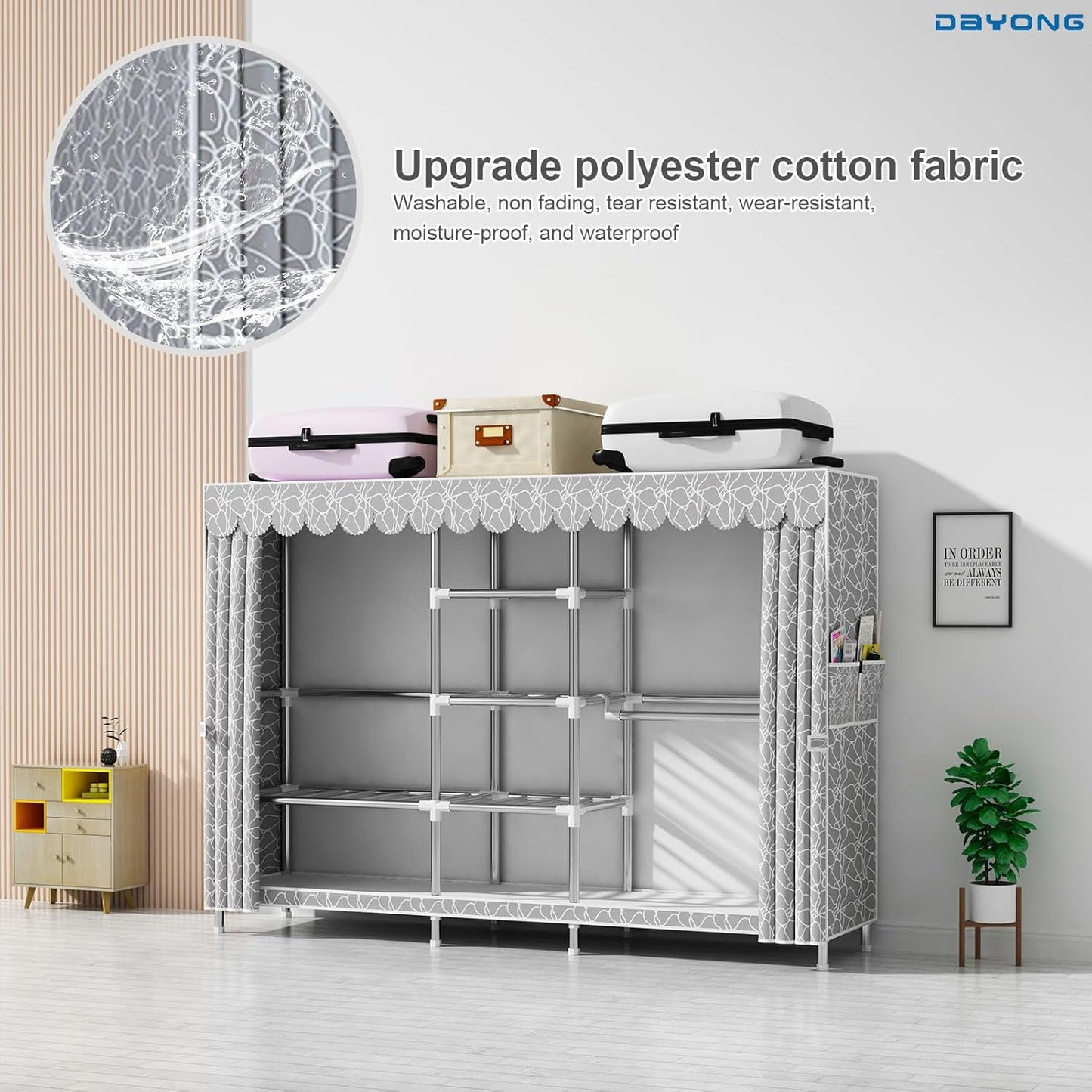 DAYONG Portable Closet, Large 65-Inch Wardrobe Closet with Non-Woven Fabric Cover, Free-Standing Closet Storage Rack, Economical Storage Closet for Home Dorm Apartment, Grey (Model 2)