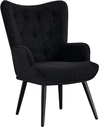 Furniliving Velvet Accent Chair Modern Upholstered Side Armchair with Tapered Legs Tufted Button Wingback Sofa Chairs Tall Back Reading for Living Room Bedroom Waiting Room, Black