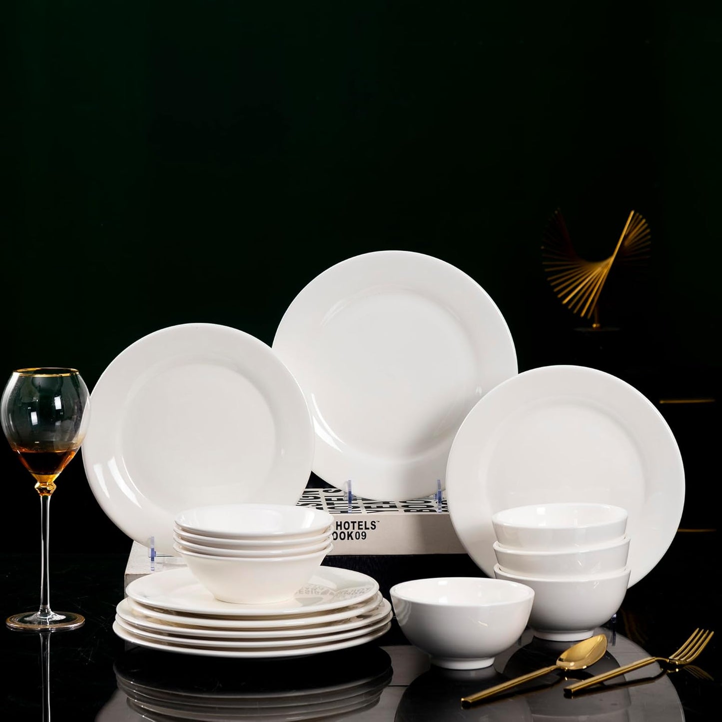 Techplus 16-Piece White Ceramic Dinnerware Set – 10.5 Inch & 9 Inch Plates, 6 Inch & 5 Inch Bowls – Microwave, Dishwasher, Oven Safe – Elegant Minimalist Tableware for Dining and Entertaining