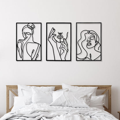 CHENGU 3 Pieces Metal Minimalist Abstract Woman Wall Art Line Drawing Wall Art Decor Single Line Female Home Hanging Wall Art Decor for Kitchen Bathroom Living Room (Black, Hand)