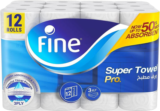 Fine Kitchen Paper Towel Roll, 60 Sheets X 3 Ply, 12 Rolls. Fine Super Towel Pro, Sterilized Tissues For Germ Protection, Half Perforated (packaging may vary)