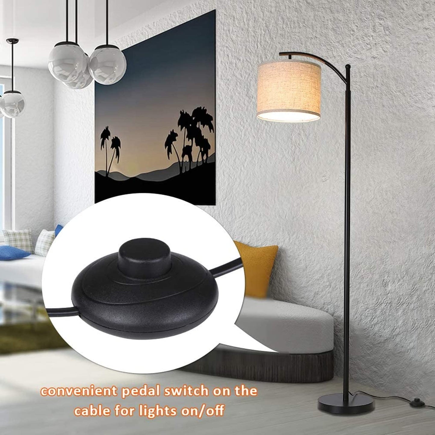 U-HOOME Floor Lamp, Modern Metal Standing Lamp with Shade for Bedroom, 64 Inch Minimalist Reading Light with Foot Control and 9W LED Bulb, Industrial Arc Tall Lamps for Living Room/Office/Study Room