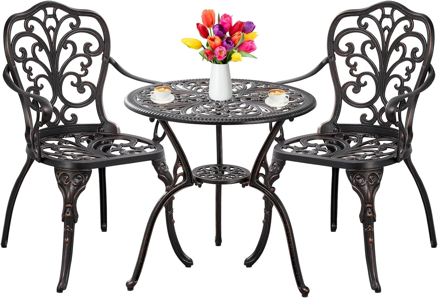 Withniture Bistro Set 3 Piece Outdoor Bistro Table and Chairs Set of 2, Cast Aluminum Patio Bistro Sets with Umbrella Hole, All Weather Bistro Table Set for Garden, Front Porch, Balcony (Bronze)