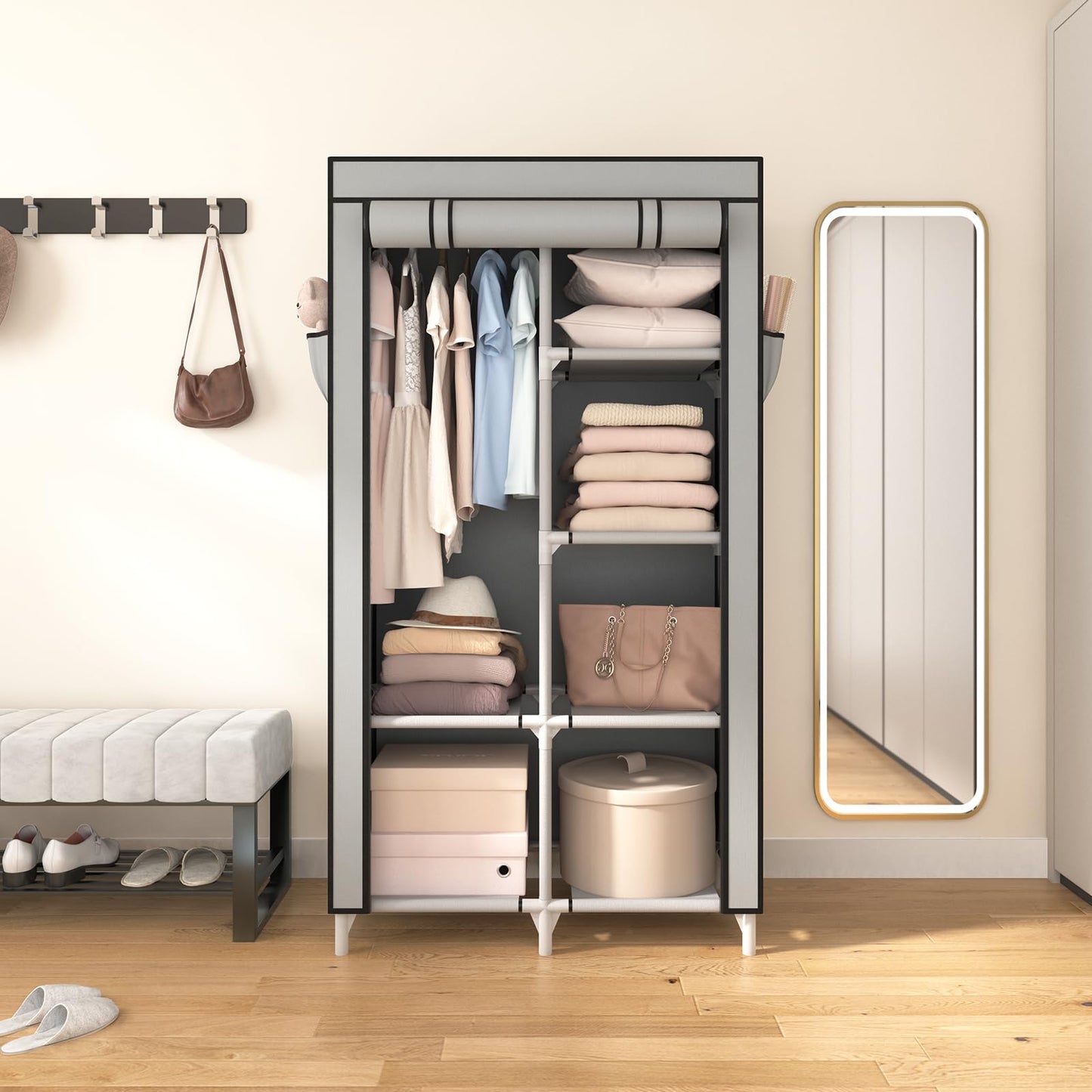 ROJASOP Portable Closet Wardrobe Closet for Hanging Clothes with 6 Storage Shelves, 1 Hanging Rod and 4 Pockets, Free Standing Closet Clothes Organizer for Bedroom, Sturdy and Easy Assemble