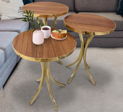 LHFHOMT- Round Coffee table set Nesting Coffee Table Set of 3 Pieces, Wooden Top, Gold Metal legs End Table Desk for Living Room, Balcony, Office, Sofa Side (White - Black Lines)