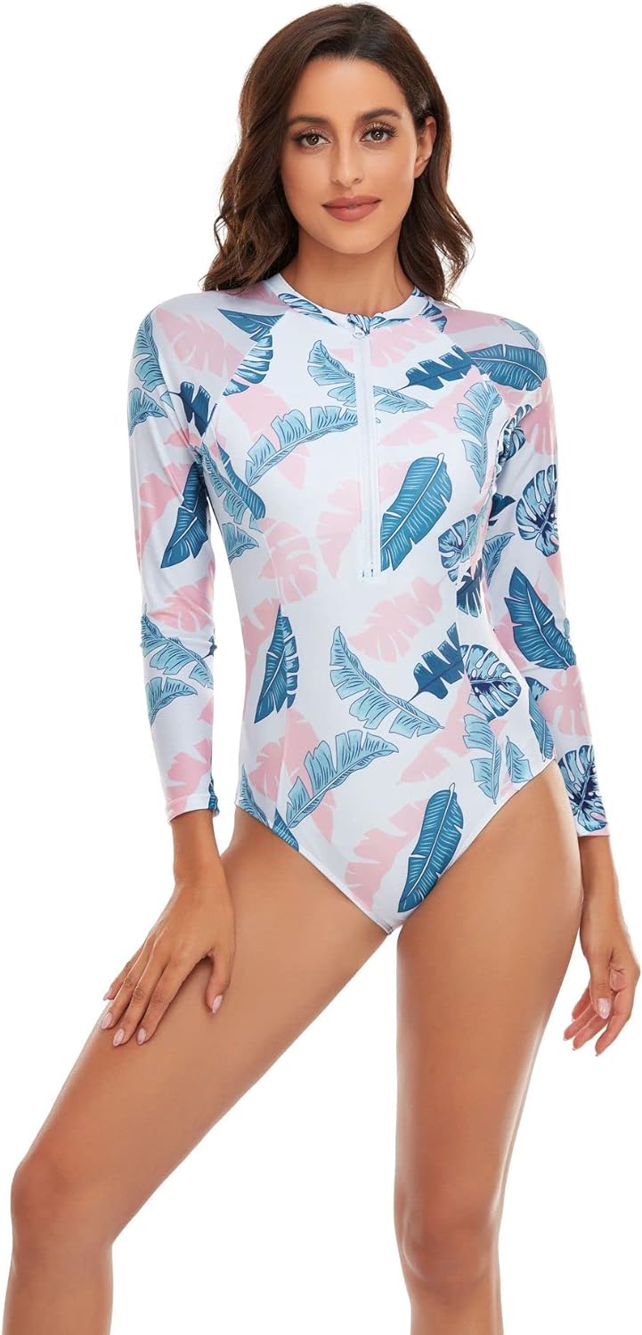 Women One Piece Swimsuit Printed Zipper Slim Long Sleeve Swimwear Bathing Suit