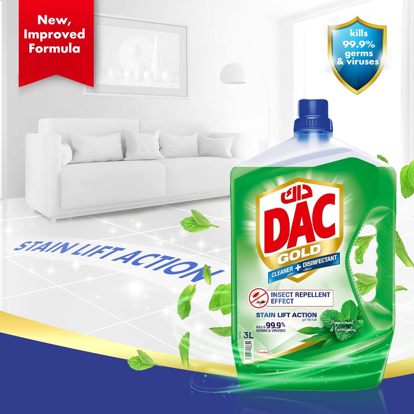 DAC Gold Multi-Purpose Disinfectant & Liquid Cleaner, with 3X thicker formula (kills 99.9% of germs), Insect Repellent effect, 3L + 1L