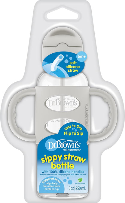 Dr. Brown’s® Milestones™ Narrow Sippy Straw Bottle with 100% Silicone Handles, 8oz/250mL, Gray & Blue, 2 Pack, 6m+