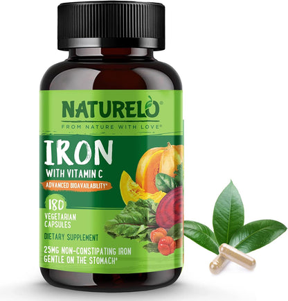 NATURELO Vegan Iron Supplement with Vitamin C and Organic Whole Foods - Gentle Pills for Women & Men w/Iron Deficiency Including Pregnancy, Anemia Diets 90 Mini Capsules