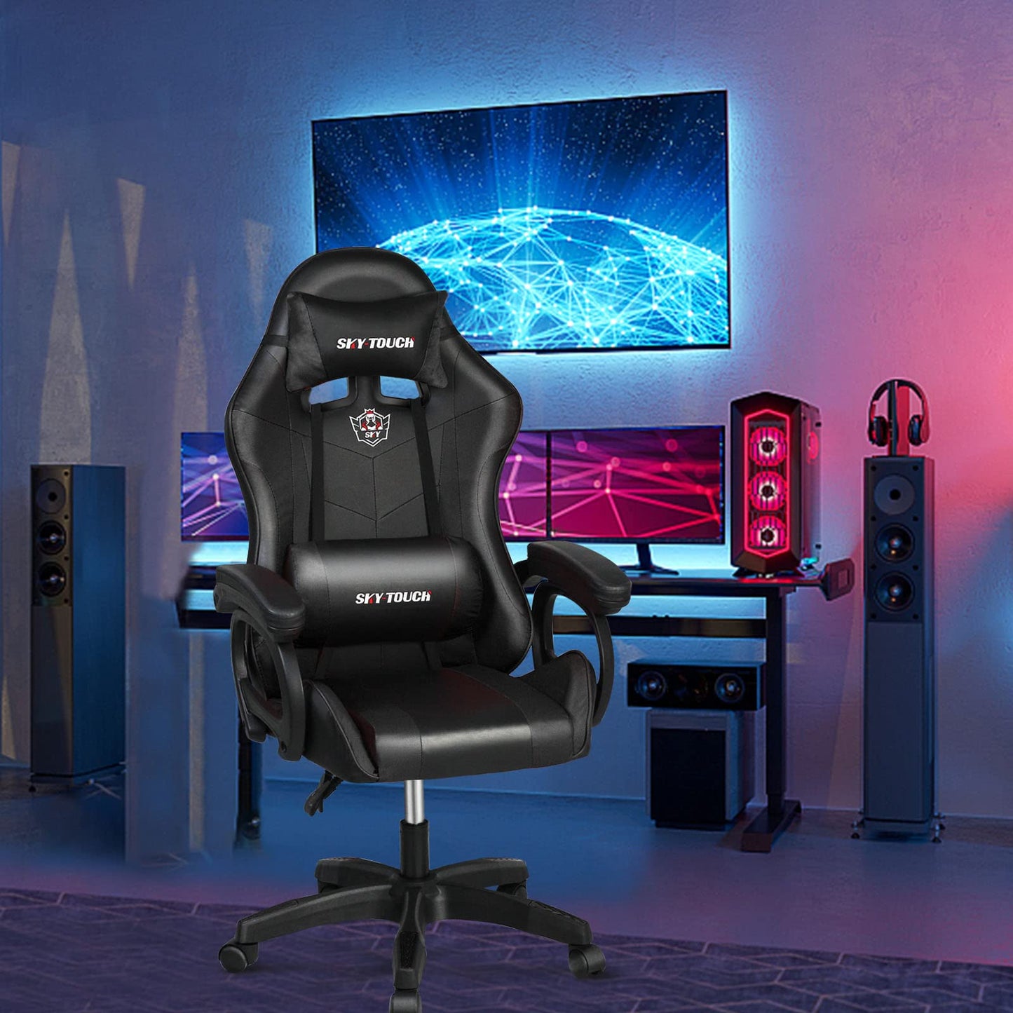 SKY-TOUCH Gaming Chair，Adjustable Computer Chair Pc Office Pu Leather High Back, Ergonomic design Lumbar Support,Comfortable Armrest Headrest，Black