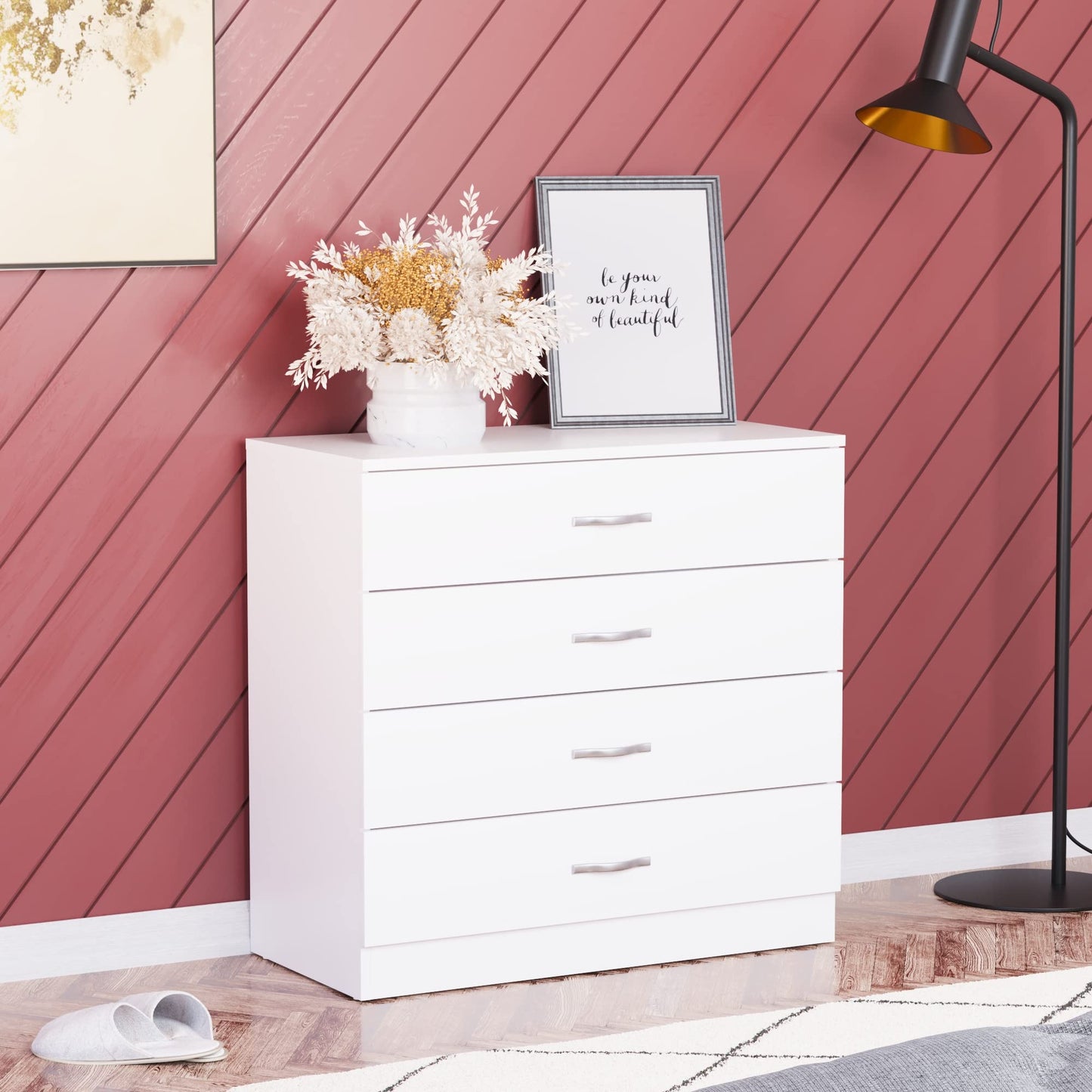 Vida Designs White Chest of Drawers, 4 Drawer Metal Handles Runners Anti-Bowing Support Furniture