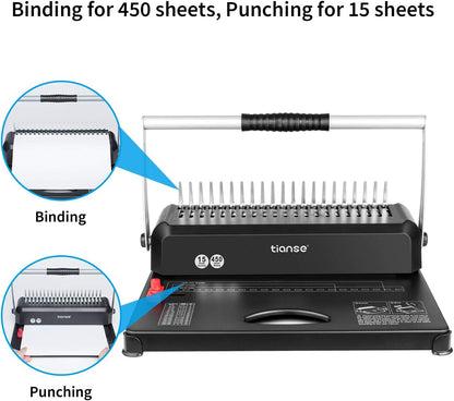 TIANSE Binding Machines, 21-Holes, 450 Sheets, Comb Bind Machine Book Maker with 100 PCS 3/8'' Comb Binder Spines Starter Kit, Comb Binding Machine for Letter Size, A4, A5 or Smaller Sizes