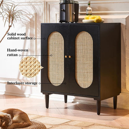 KEPFITESE Dining Cabinet Rattan Storage Cabinet with Doors and Shelves, Cabinet Dining Cabinet, Wooden Console Cabinet with Storage Entryway Cabinet for Living Room, Dining Room, Hallway (Black)