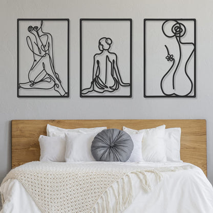 CHENGU 3 Pieces Metal Minimalist Abstract Woman Wall Art Line Drawing Wall Art Decor Single Line Female Home Hanging Wall Art Decor for Kitchen Bathroom Living Room (Black, Hand)