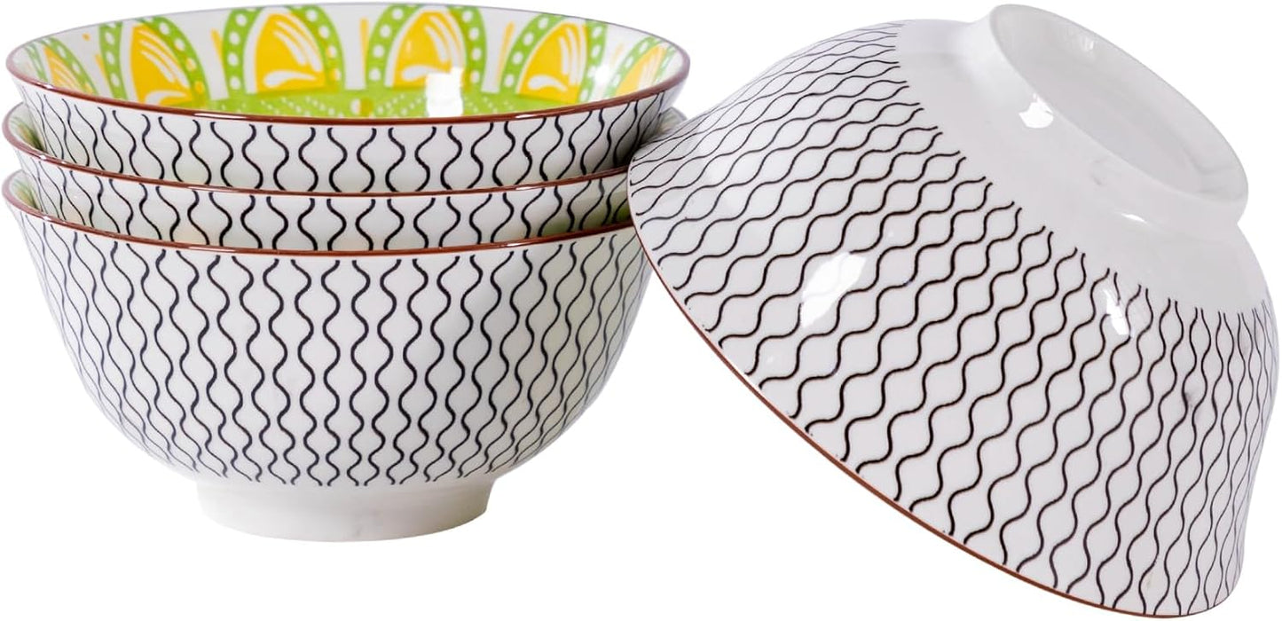 Techplus Set of 4 Orange and Green Ceramic Bowls – 6.25 Inch Floral Pattern – Microwave, Dishwasher, Oven Safe – Perfect for Salads, Pasta, Soup – Stylish Kitchen Gift