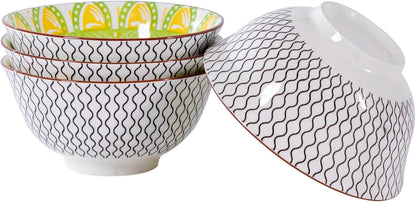 Techplus Set of 4 Orange and Green Ceramic Bowls – 6.25 Inch Floral Pattern – Microwave, Dishwasher, Oven Safe – Perfect for Salads, Pasta, Soup – Stylish Kitchen Gift