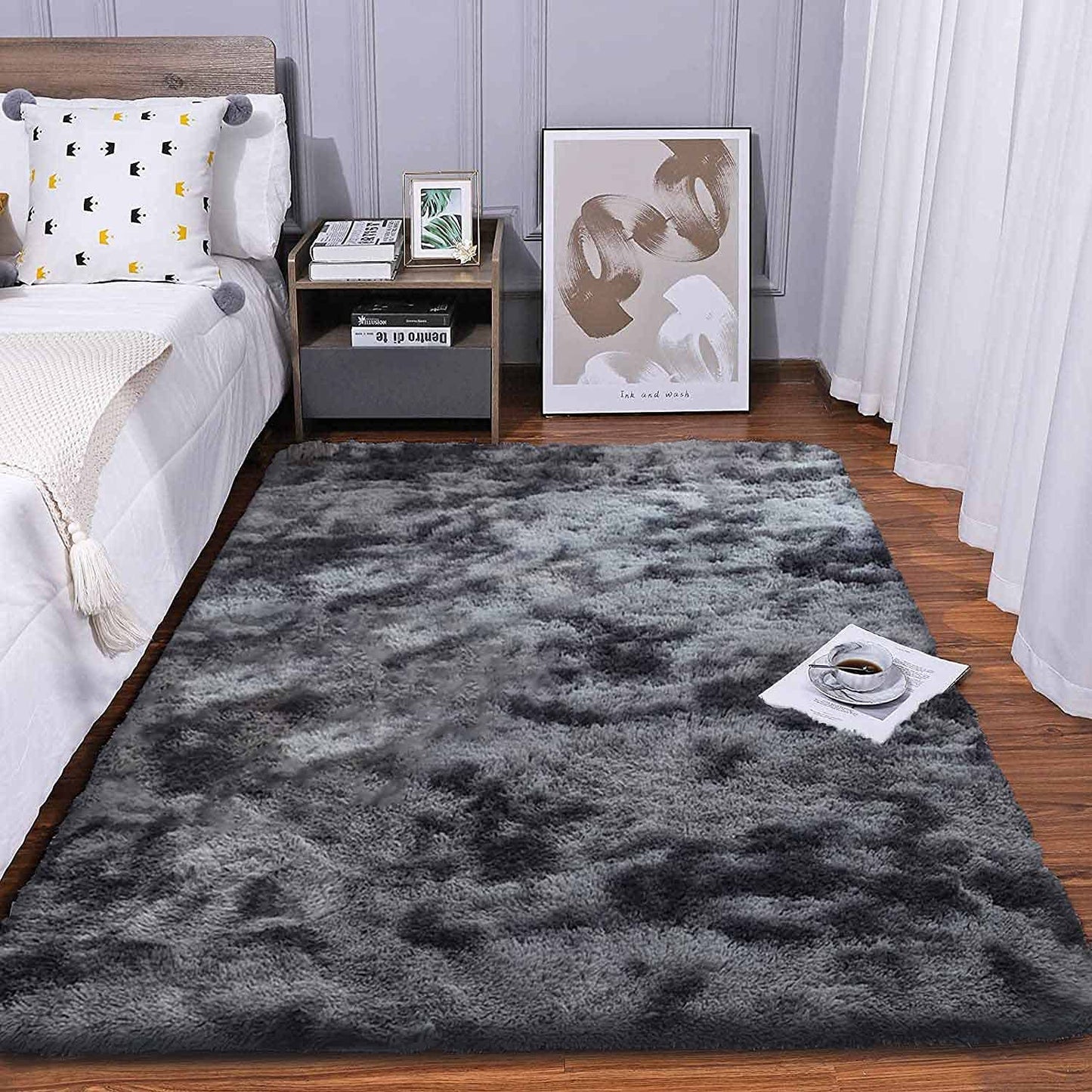 Tinyboy-hbq Area Rugs Shaggy Carpet for Living Room Bedroom Large Fluffy Carpet Modern Non-Slip Mat Multisize Rug Indoor Home Decor (Gray White, 80 x 120 cm)