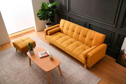 Light luxury fabric sofa bed sectional Furniture with square ottoman (Yellow)