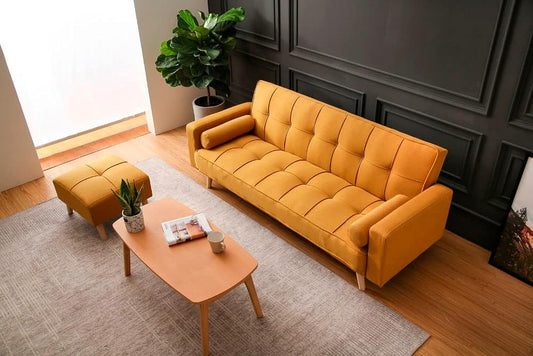 Light luxury fabric sofa bed sectional Furniture with square ottoman (Yellow)